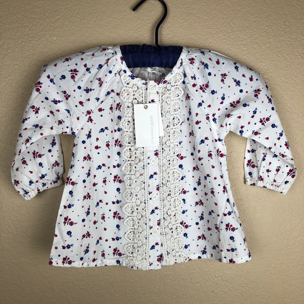 Pumpkin Patch Floral Print Top. White w/ Red & Blue Flowers. NWT. Size- 2